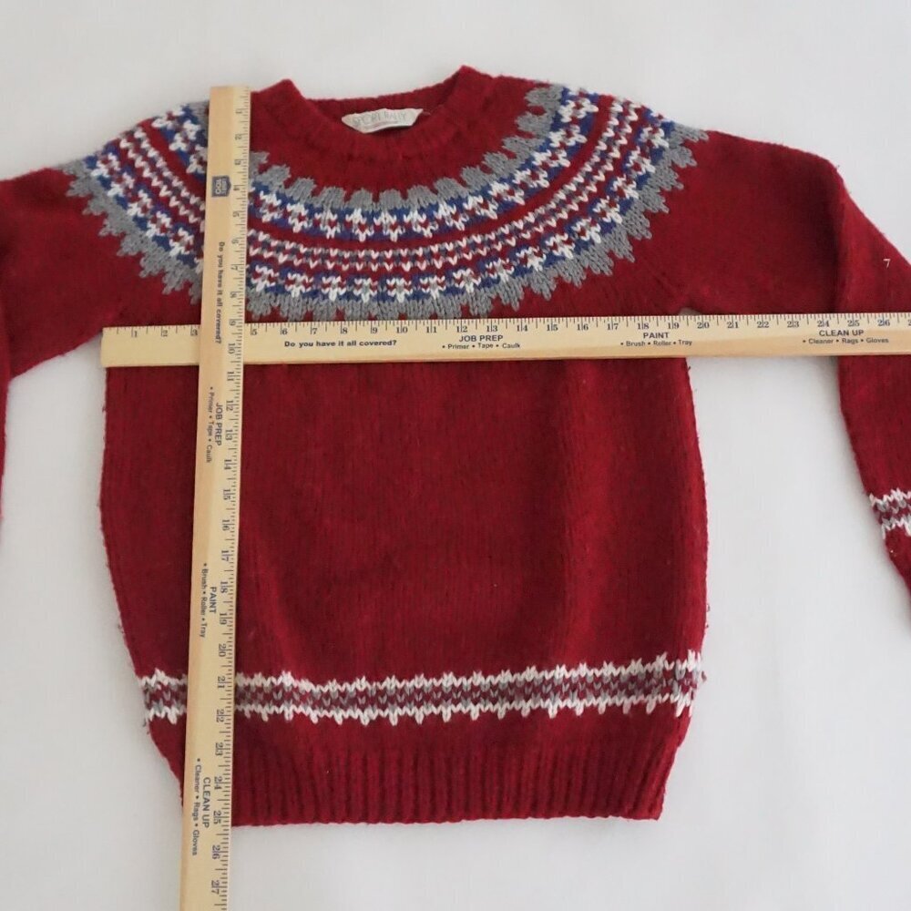 Vintage Sport Rally Red Fair Isle Nordic Pattern Knit Sweater Cabincore S - Picture 3 of 10
